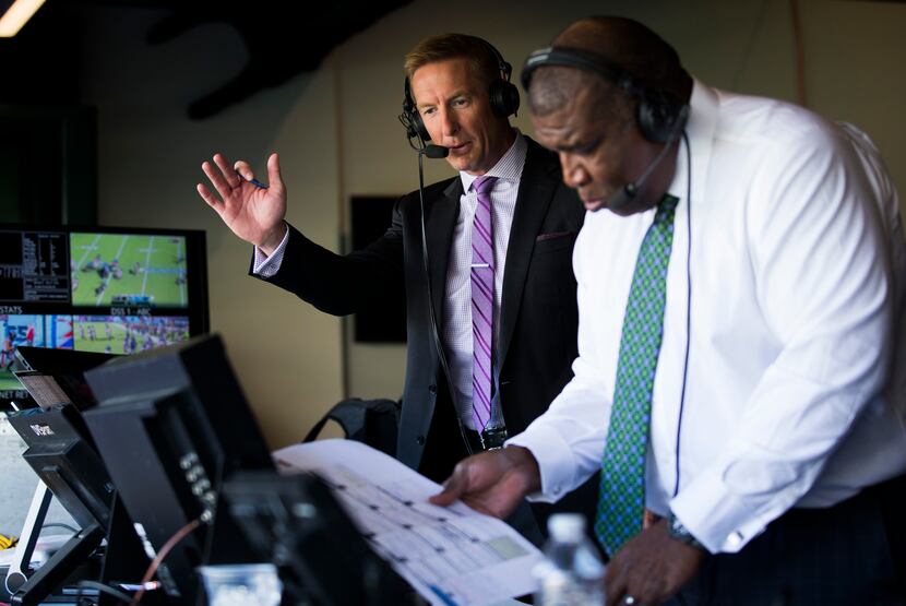 FOX Sports broadcasters Joel Klatt (left) and Curt Menefee call an XFL game between the...