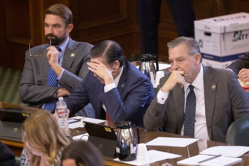 (From left) The House impeachment managers Rep. Jeff Leach, R-Plano, Rep. Morgan Meyer,...