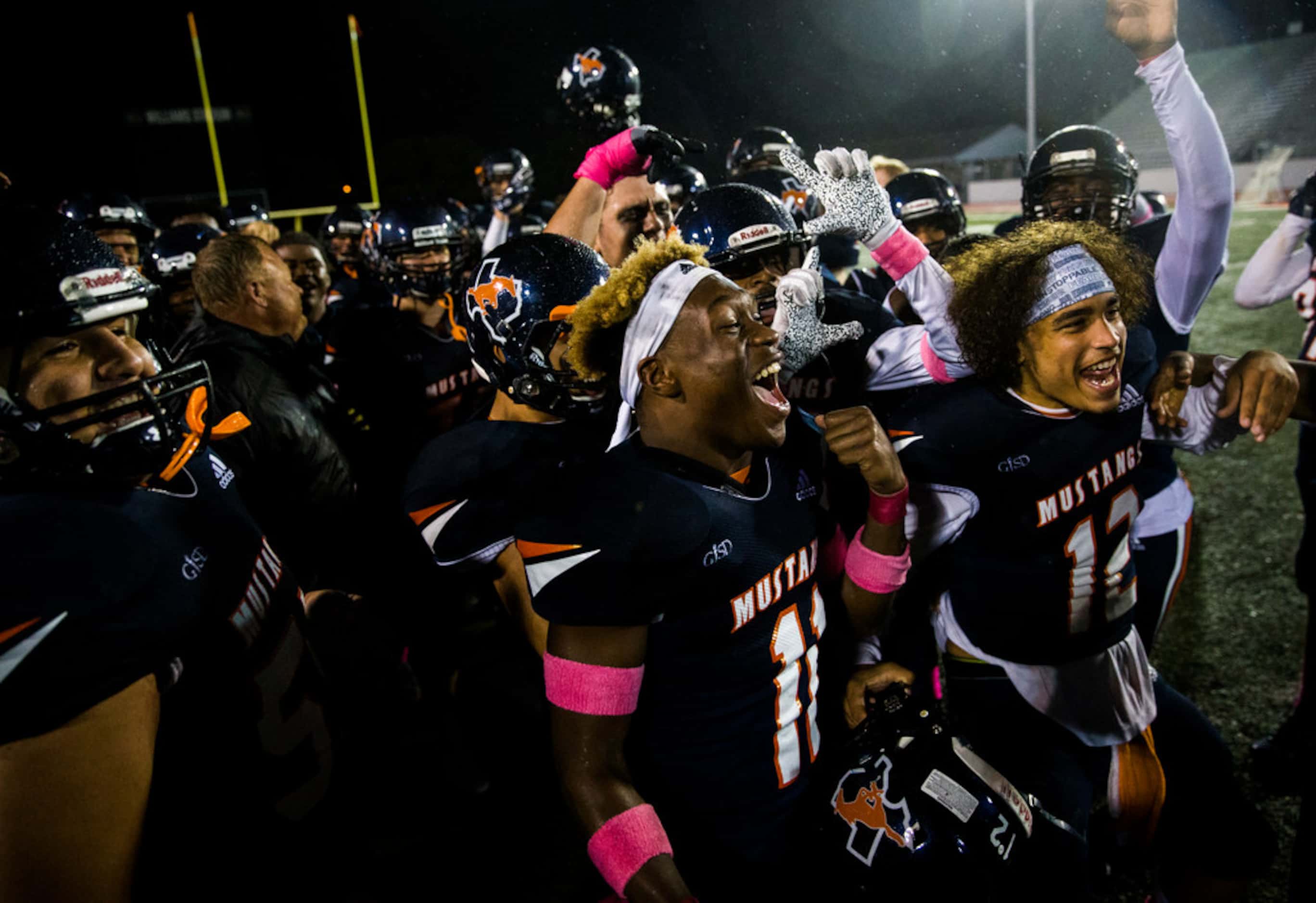 Sachse celebrates a 17-14 win over Garland Lakeview on Thursday, October 24, 2019 at...