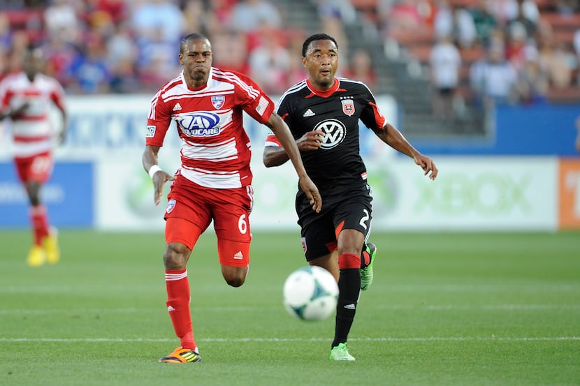 MAY 11, 2013; Frisco, TX, USA; FC Dallas defender/midfielder Jackson Goncalves (6) and D.C....