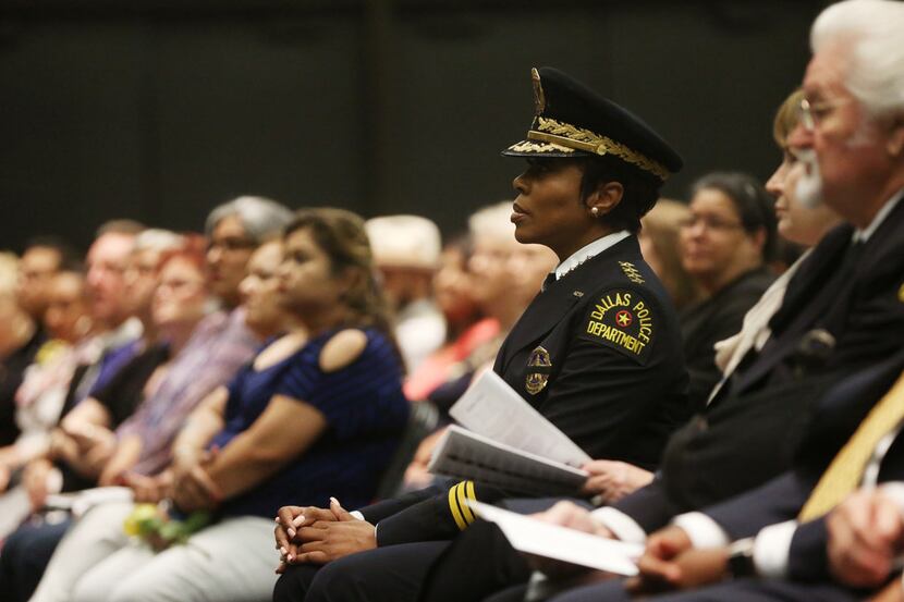 Dallas Police Chief U. Renee Hall sits during the Dallas Police memorial service, honoring...