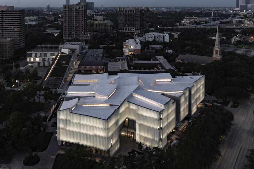 An aerial photo shows the new Nancy and Rich Kinder Building of the Museum of Fine Arts,...