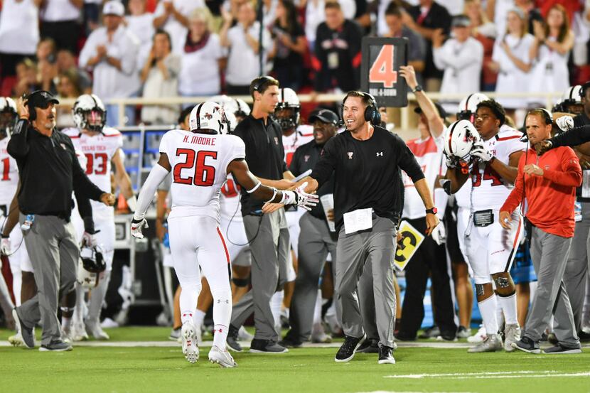 LUBBOCK, TX - SEPTEMBER 17: Texas Tech Red Raiders head coach Kliff Kingsbury reacts with...