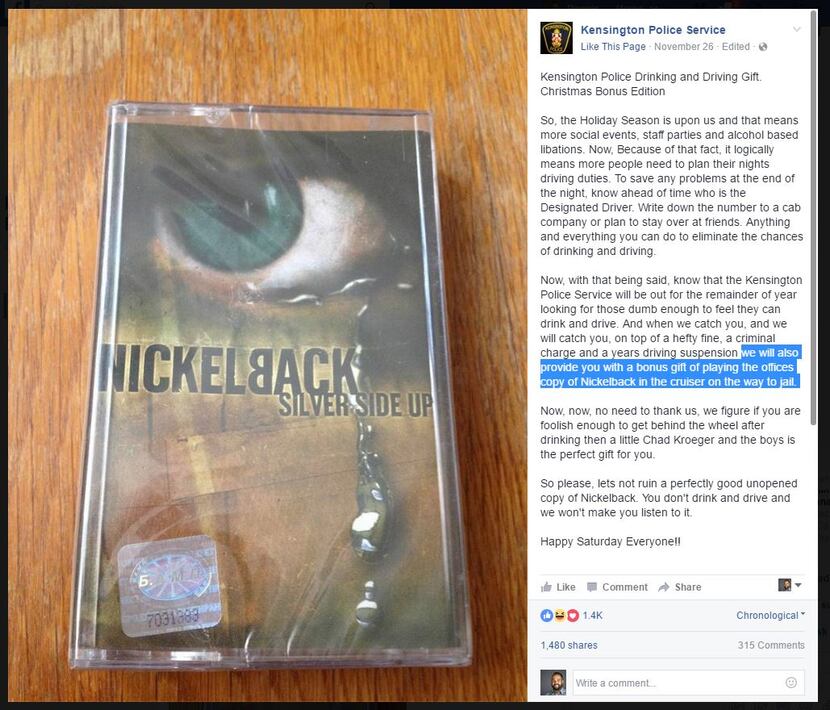A Canadian police department threatens to punish DUI suspects by playing Nickelback.