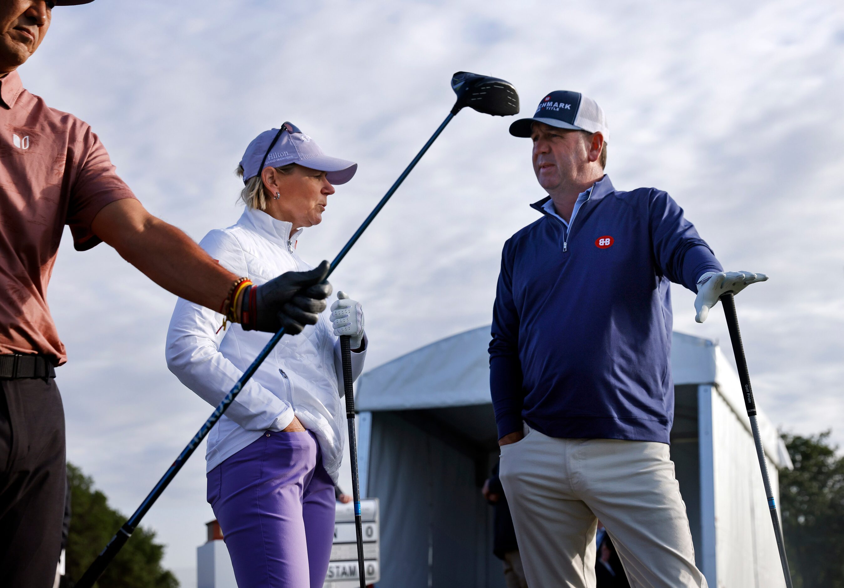 Retired LPGA golfer Annika Sorenstam (left) visits with playing partner Harrison Frazier...