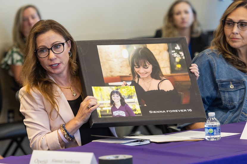 Stephanie Vaughn, who lost her daughter Sienna Vaughn to fentanyl, speaks during a...