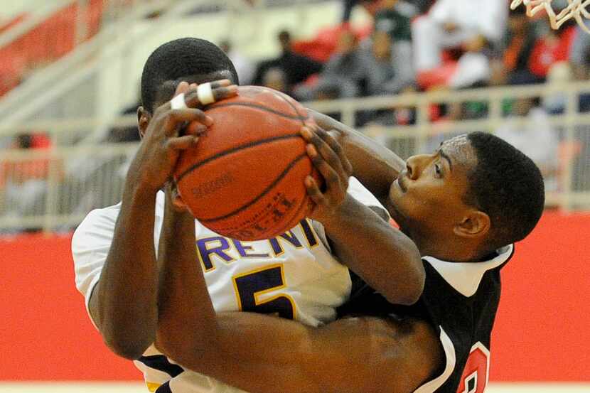 Prime Prep's Jordan Mickey (2) goes after a rebound with Trent International's Xavier Dupree...