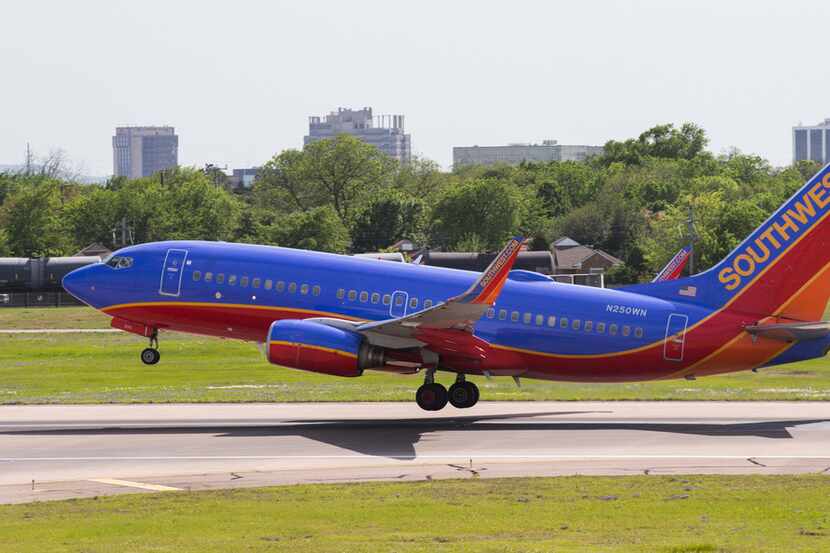 A Southwest Airlines flight takes off at Dallas Love Field Airport.