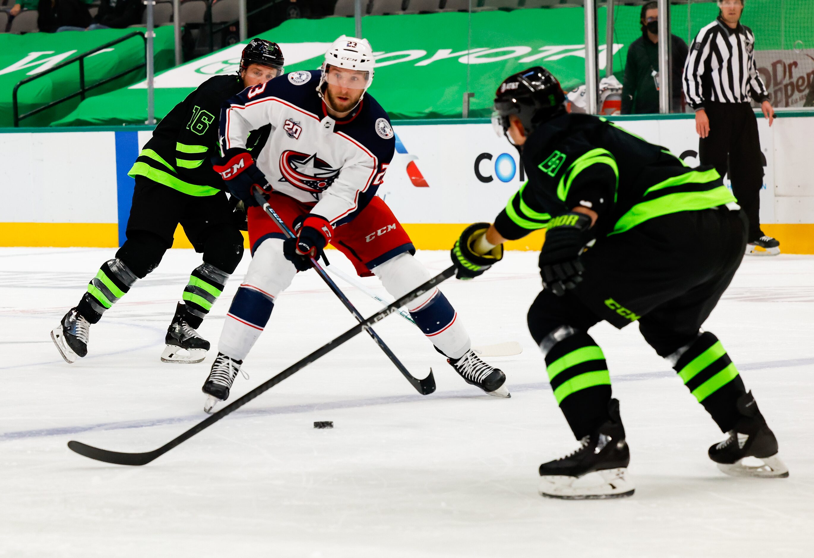 Dallas Stars defenseman Andrej Sekera (5) guards Columbus Blue Jackets left wing Stefan...