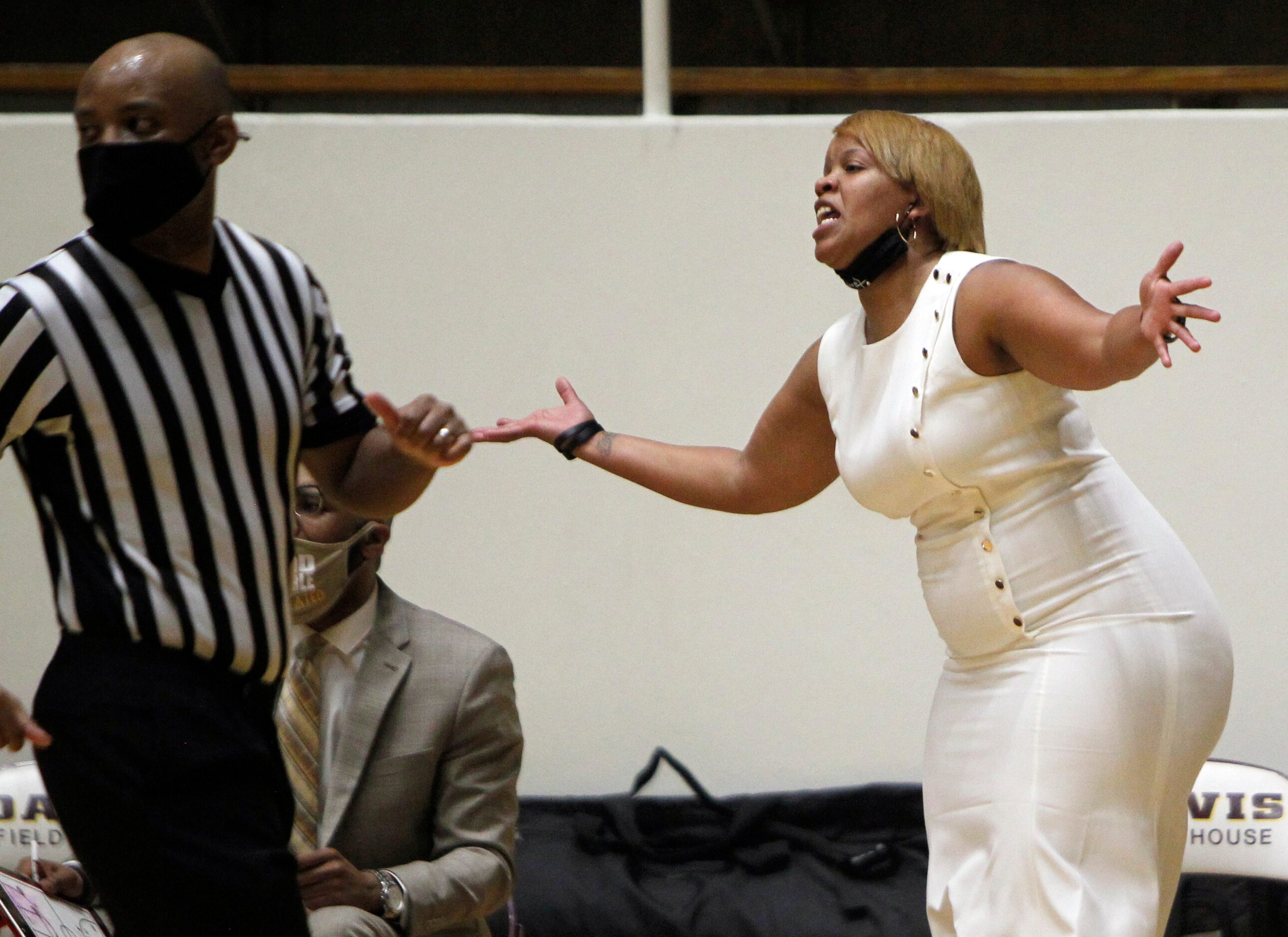 Plano East head coach Jessica Linson reacts to a play during first half action against...