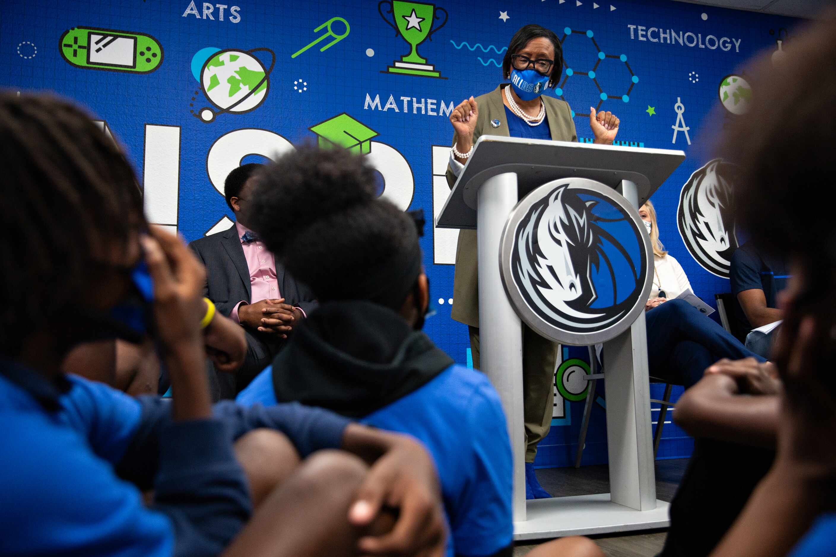 CEO of the Dallas Mavericks Cynthia Marshall talks to kids in YMCA’s Teen Camp about all...