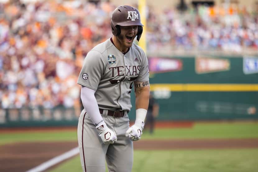 Texas A&M's Gavin Grahovac celebrates after hitting a solo home run against Tennessee during...