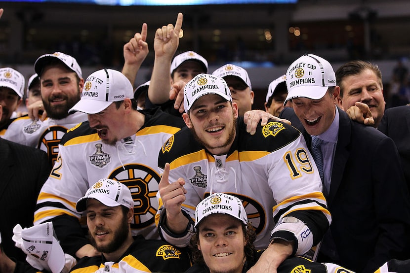 VANCOUVER, BC - JUNE 15:  Tyler Seguin #19 and Tuukka Rask #40 of the Boston Bruins pose...