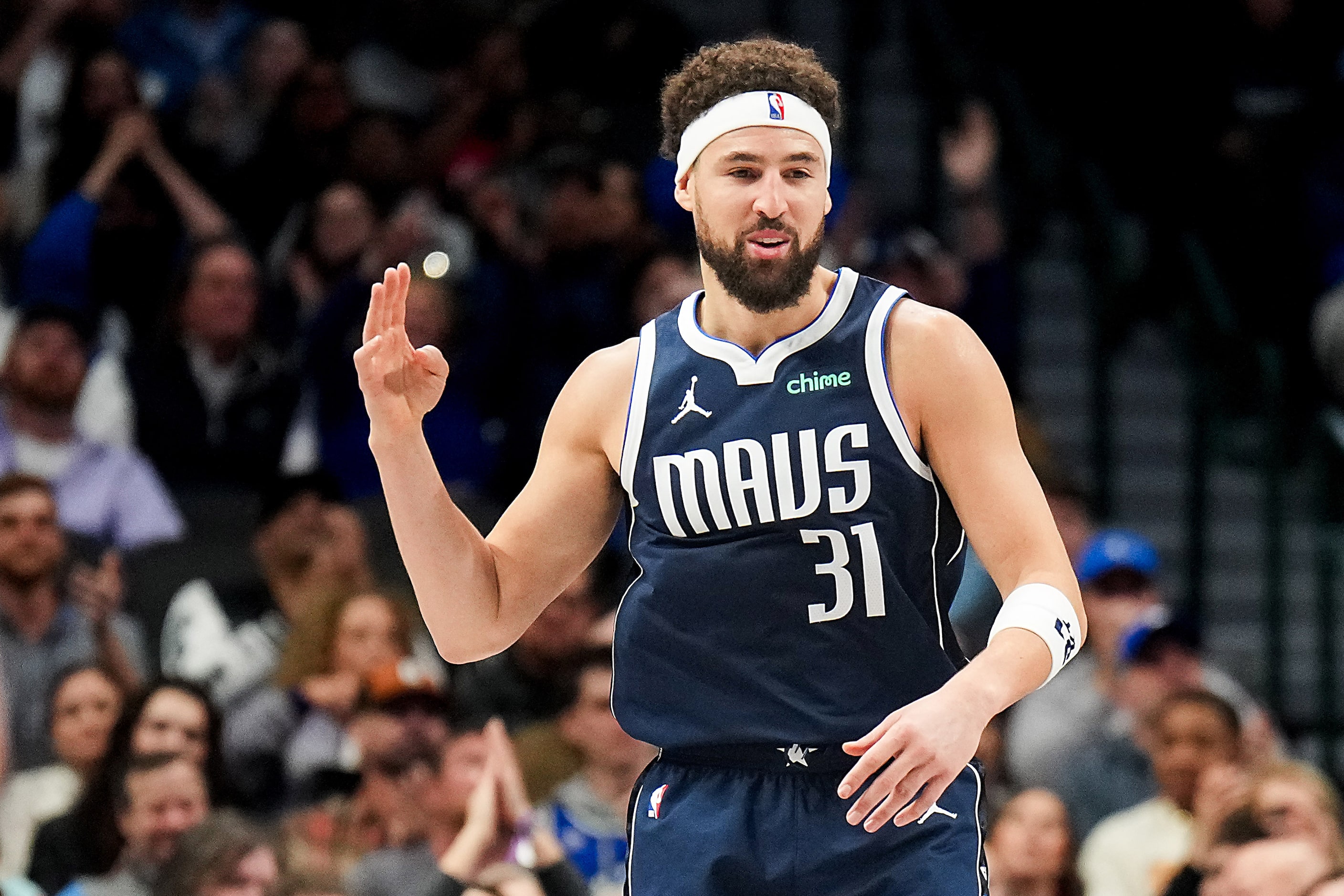 Dallas Mavericks guard Klay Thompson celebrates after hitting a 3-pointer during the first...