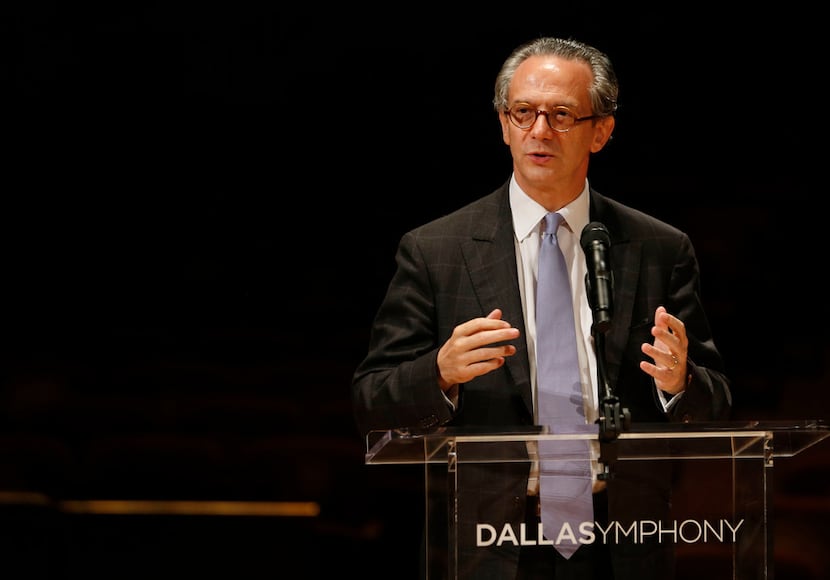 Fabio Luisi speaks during a press conference at the Morton H. Meyerson Symphony Center in...