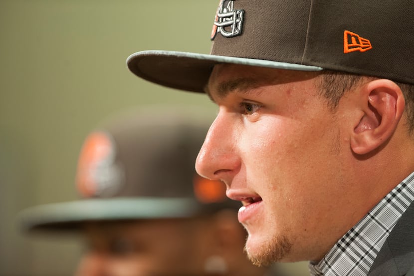 BEREA, OH - MAY 9: Cleveland Browns draft pick Johnny Manziel answers questions during a...