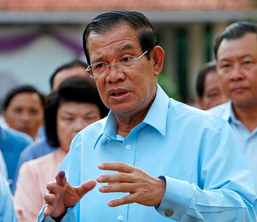 In this Feb. 25, 2018, file photo, Cambodian Prime Minister Hun Sen speaks after voting in...