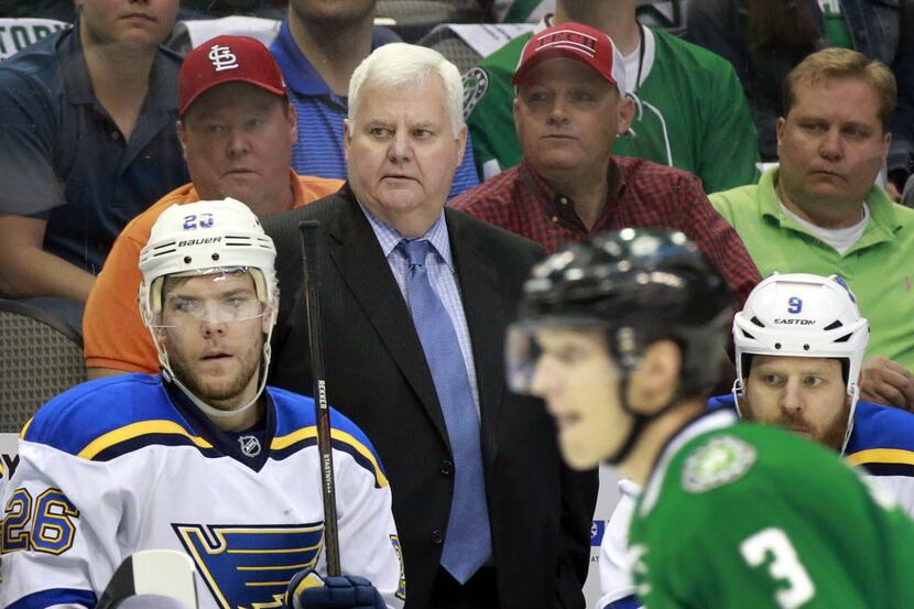 St. Louis Blues head coach Ken Hitchcock watches his team face the Dallas Stars during the...