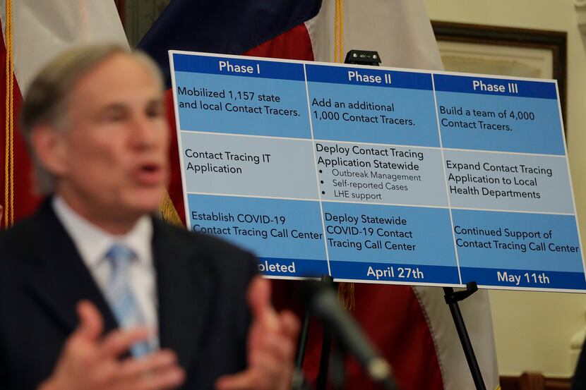 Texas Gov. Greg Abbott uses a display board during a news conference where he announced he...