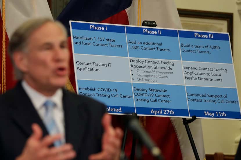 Gov. Greg Abbott, shown at his Monday news briefing on reopening Texas businesses, said on...