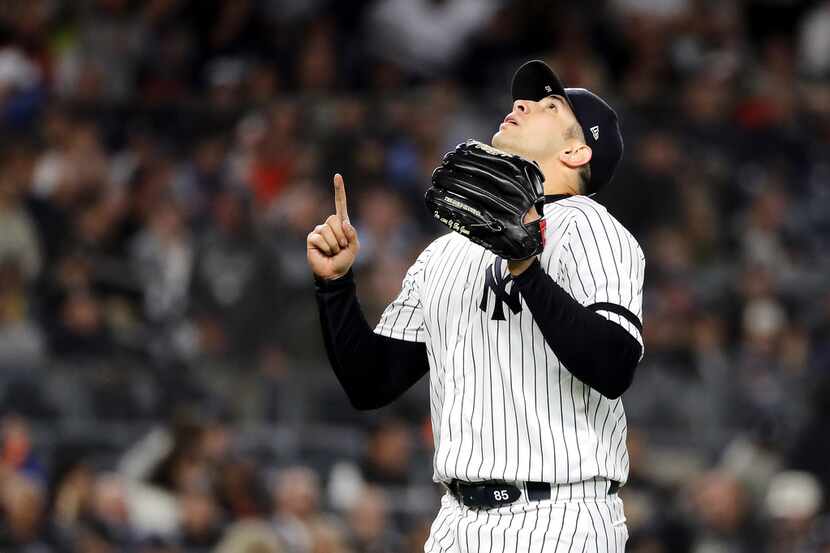 NEW YORK, NEW YORK - OCTOBER 15: Luis Cessa #85 of the New York Yankees reacts after...