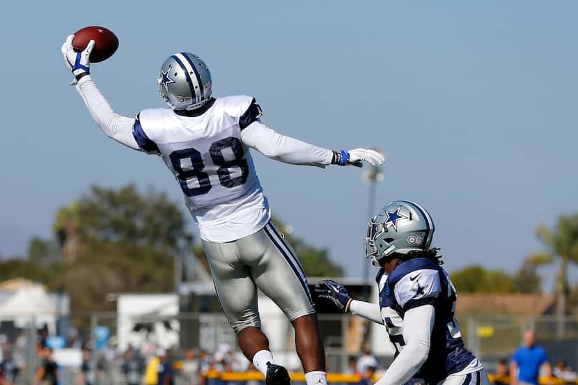Dallas Cowboys wide receiver Dez Bryant (88) goes high for a one-handed catch as he is...