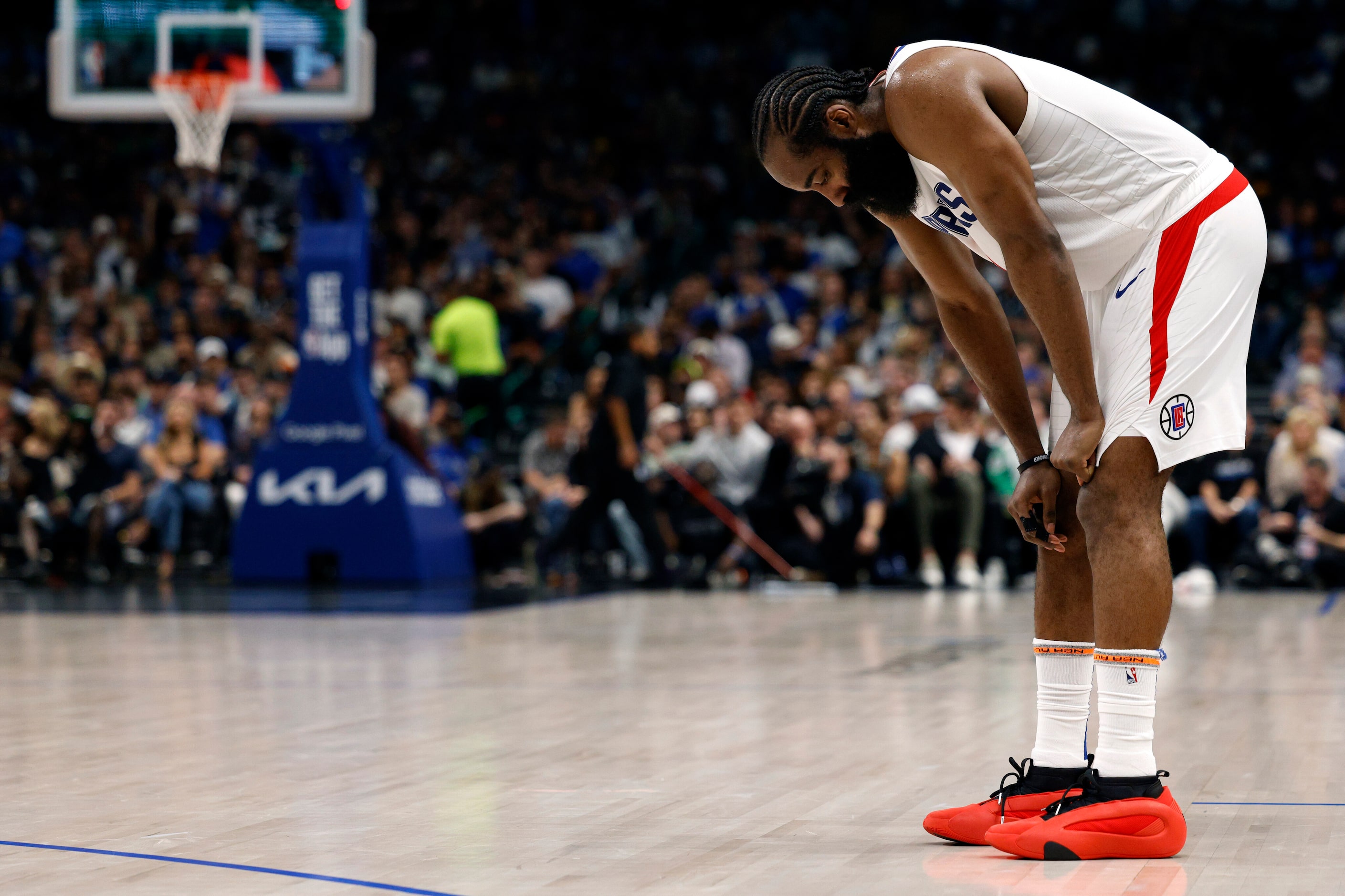 LA Clippers guard James Harden (1) gathers himself during the second half of Game 6 of an...