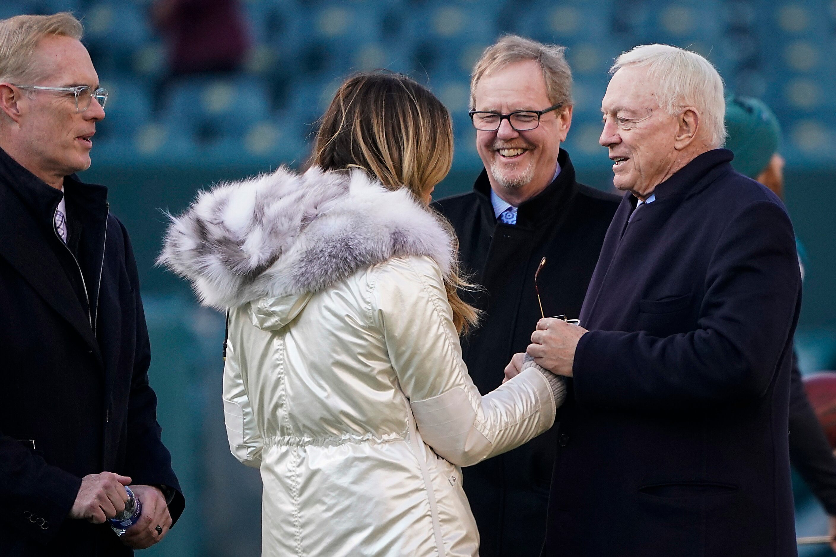 Dallas Cowboys owner Jerry Jones with sportscaster Erin Andrews before an NFL football game...