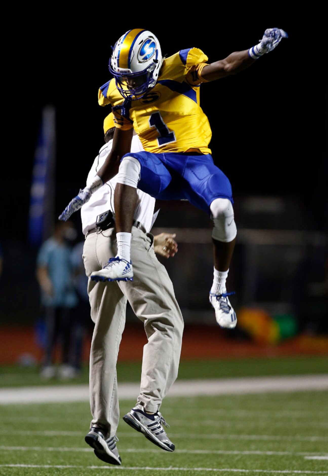 Sunnyvale wide receiver Chima Ennyinna (1) celebrates his touchdown reception against Life...