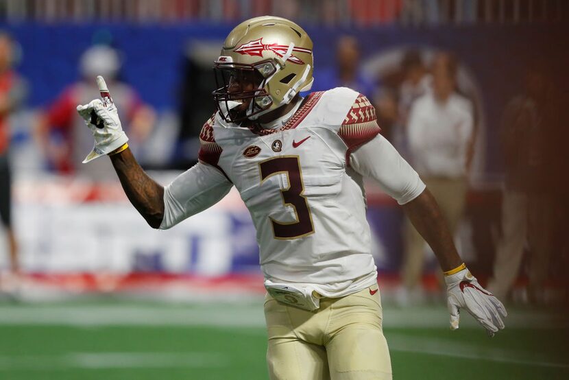 ATLANTA, GA - SEPTEMBER 02:  Derwin James #3 of the Florida State Seminoles reacts after a...