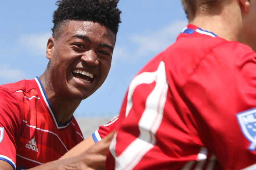 FC Dallas U18Academy's Shaft Brewer (17) was all smiles following teammate Paxton Pomykal's...