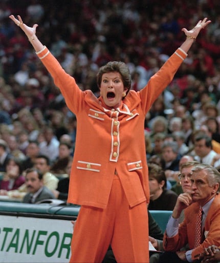In this March 31, 1996, file photo Tennessee women's basketball coach Pat Summitt gestures...