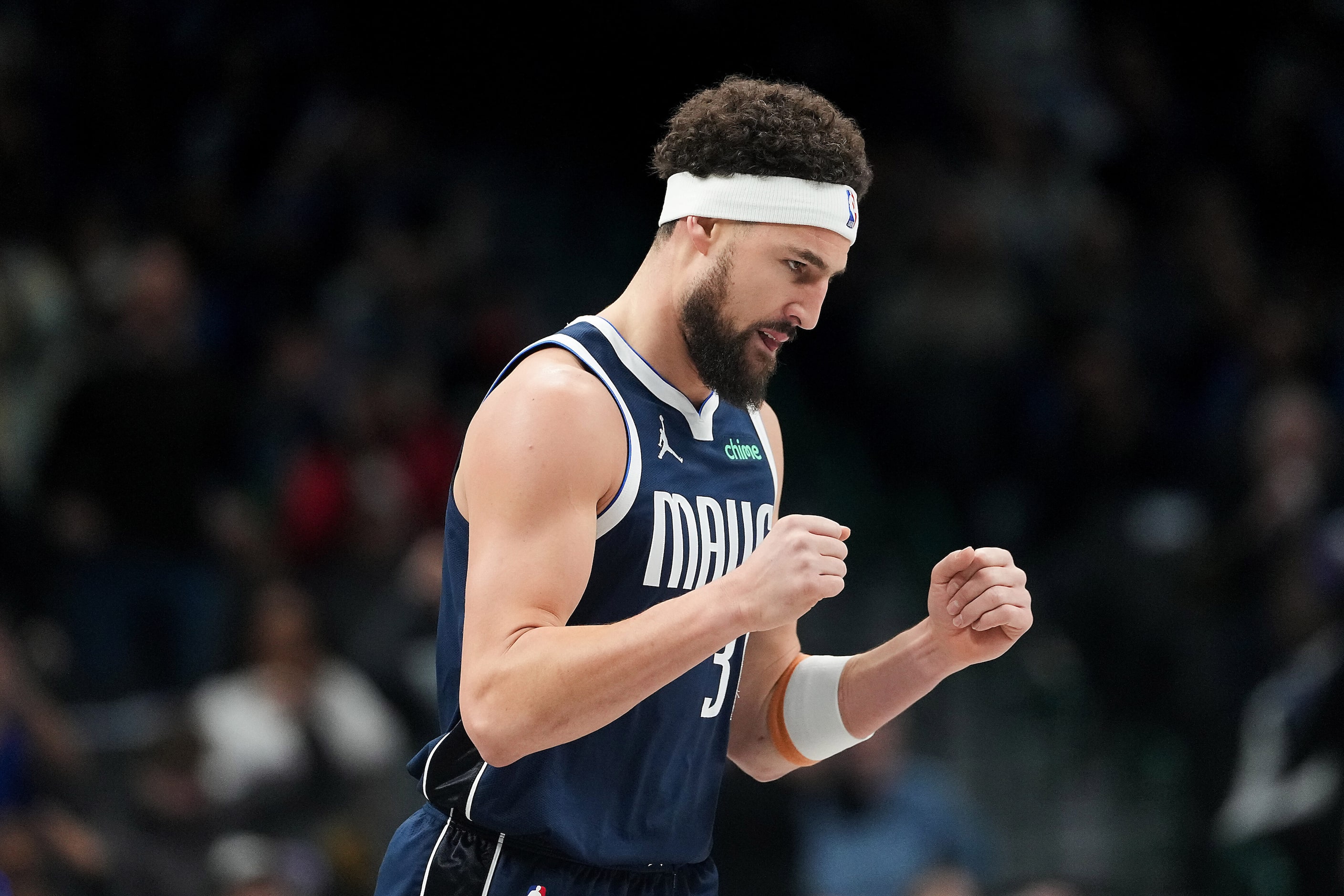 Dallas Mavericks guard Klay Thompson (31) celebrates after hitting a 3-pointer during the...