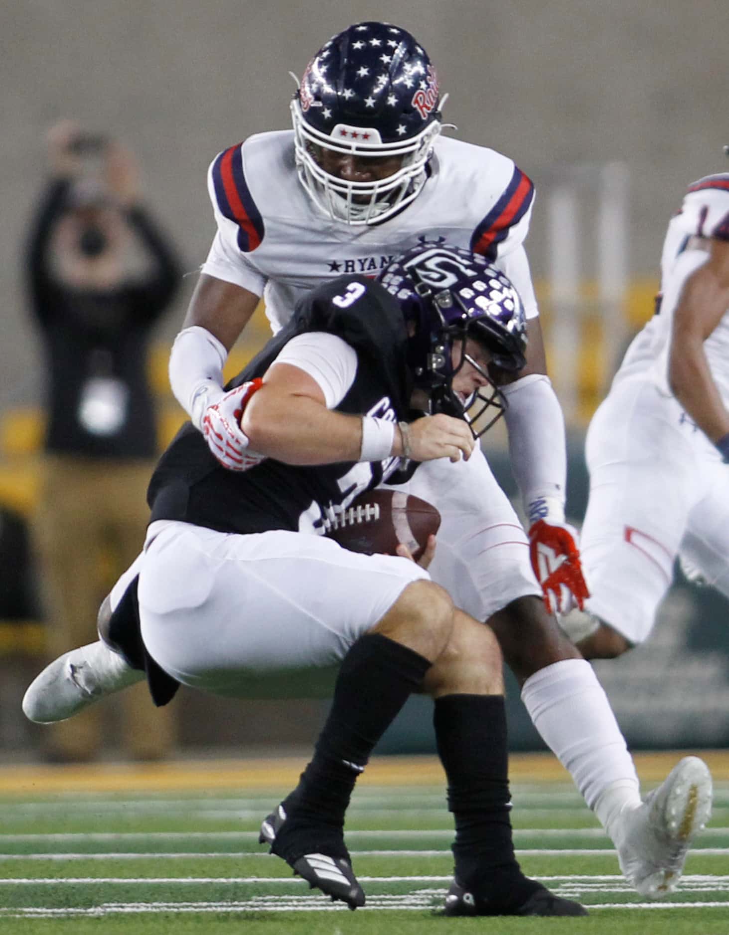 Denton Ryan defensive end MarQuice Hill ll (1), storms into the backfield  to sack College...