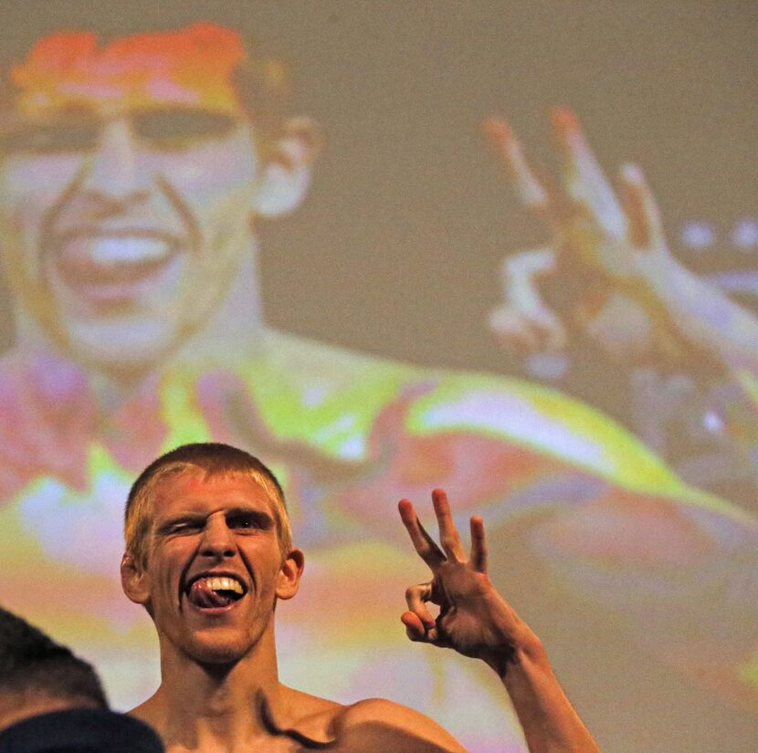 Justin Scoggins poses during UFC weigh-ins at Gilley's in Dallas for Saturday's event at the...