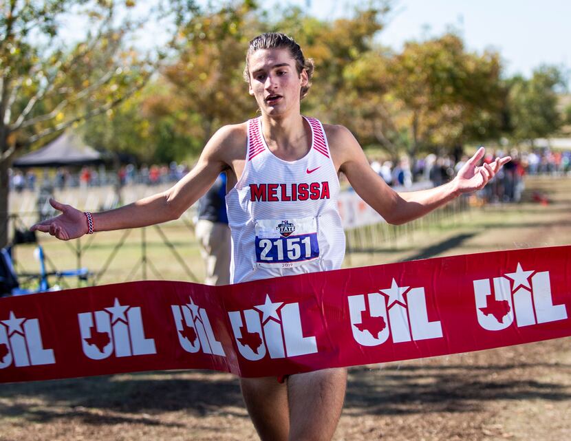 Melissa's Judson Greer (2151) competes in the 5k at the UIL 4A boys cross country state...