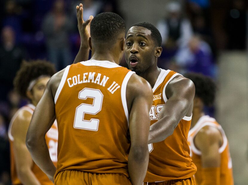 Texas Longhorns guard Courtney Ramey (3) talks with guard Matt Coleman III (2) during the...