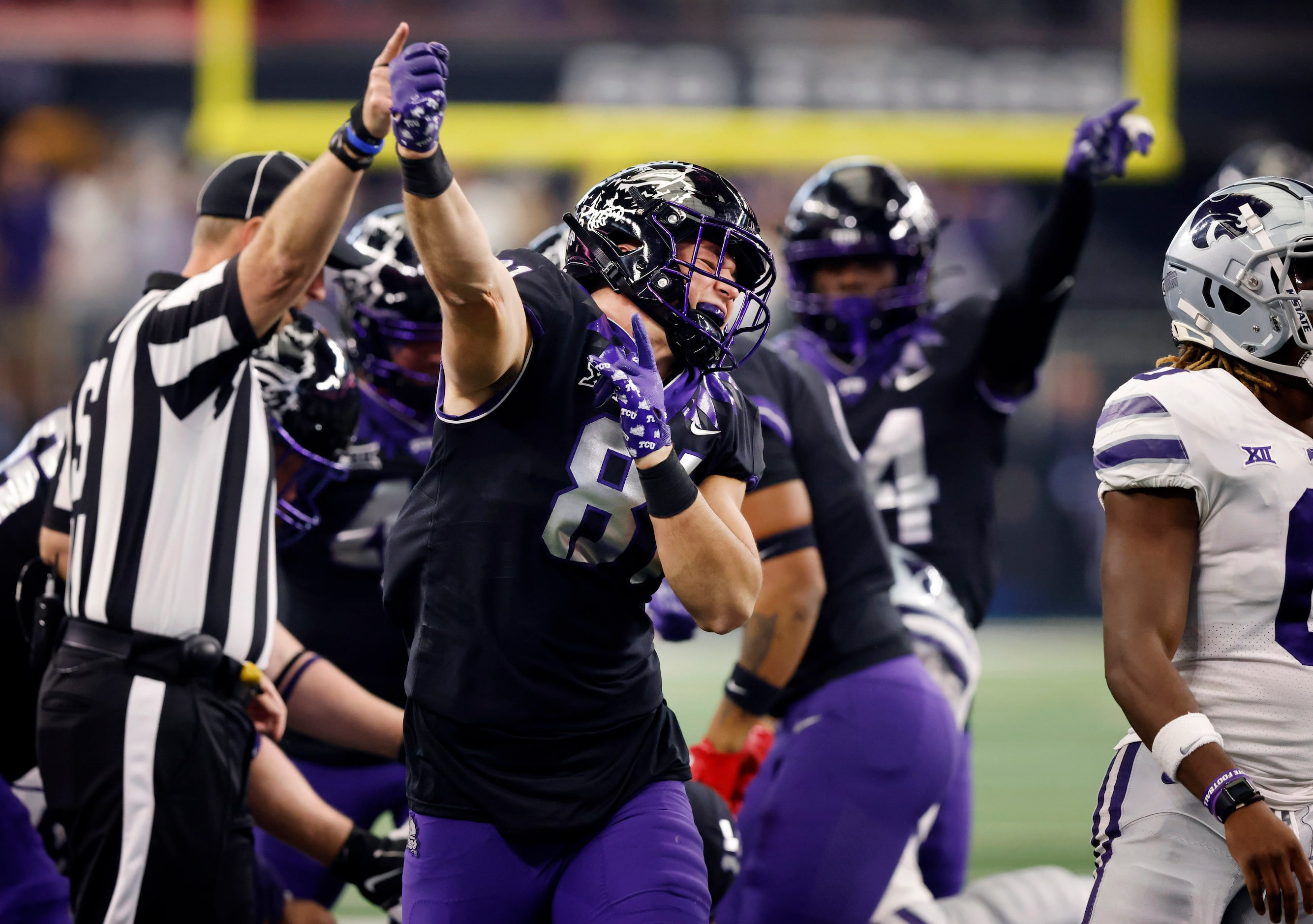 TCU Horned Frogs wide receiver Chase Curtis (81) celebrates the Frogs fumble recovery...