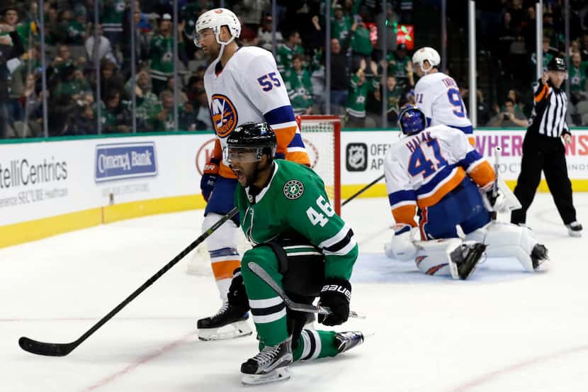 Dallas Stars center Gemel Smith (46) celebrates after scoring a goal in front of New York...