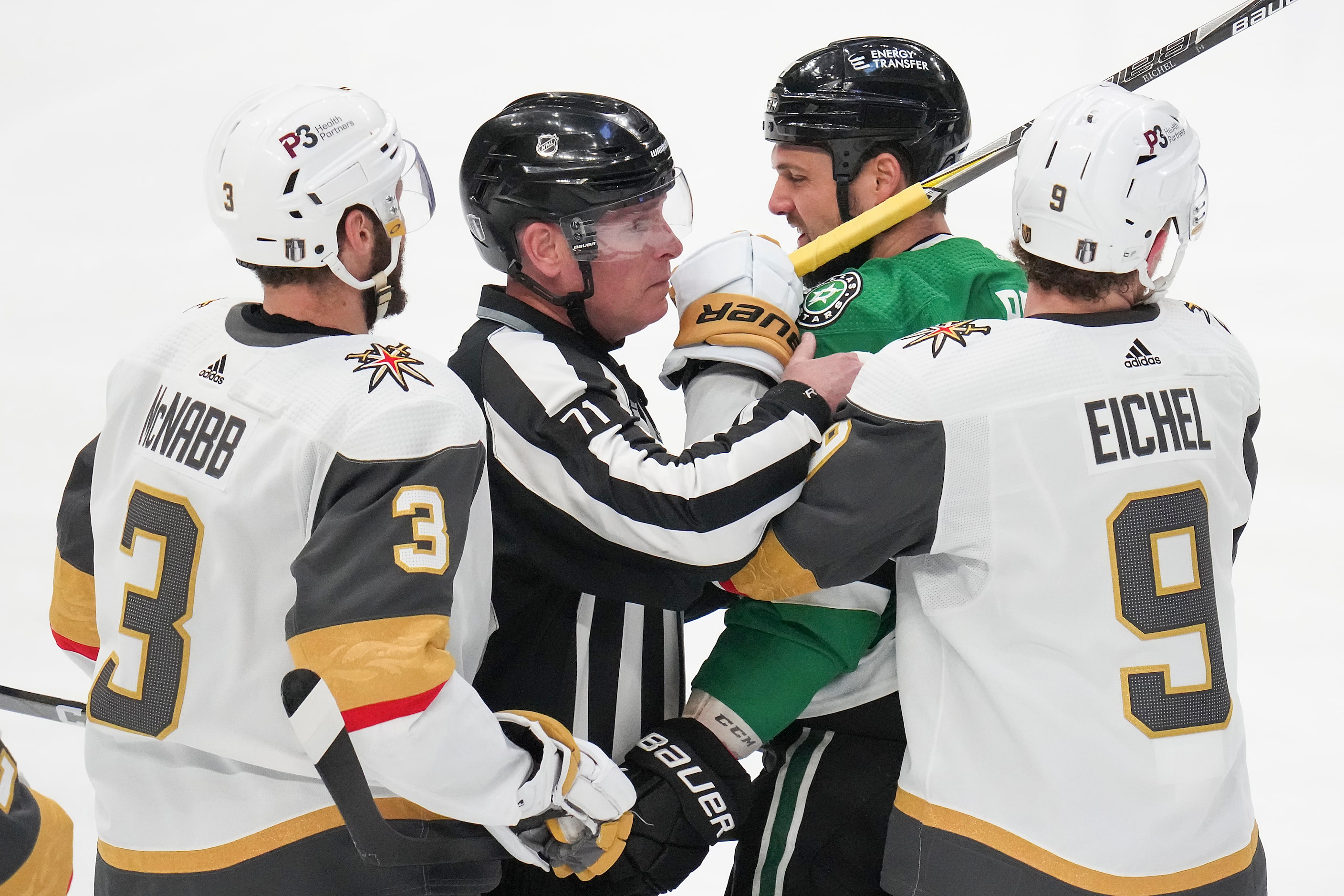 Dallas Stars left wing Jamie Benn (14) is separated from Vegas Golden Knights defenseman...