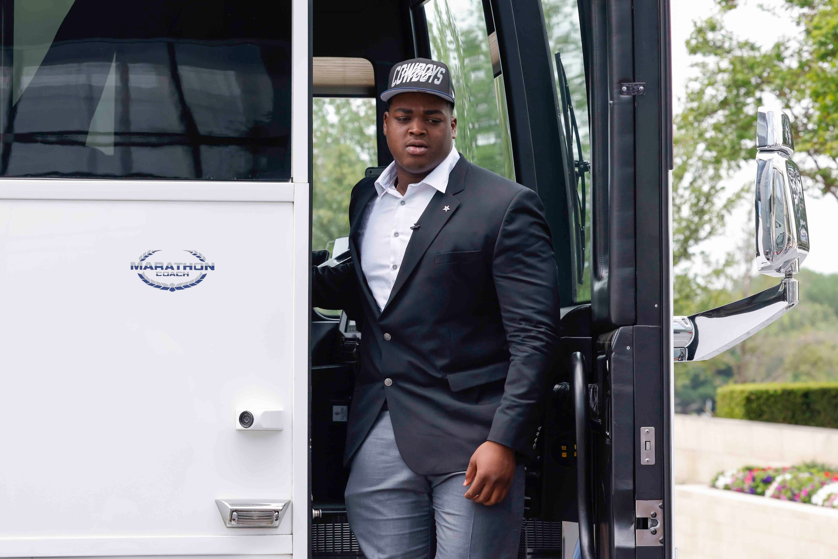 Dallas Cowboys first round draft pick Tyler Smith of Tulsa arrives at the Star in Frisco on...