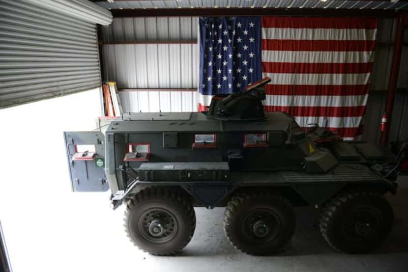A 1950s British Saracen sits in a shed at the Military Heritage Collection of North Texas in...