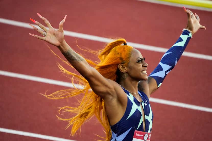 Sha'Carri Richardson celebrates after winning the women's 100-meter run at the U.S. Olympic...