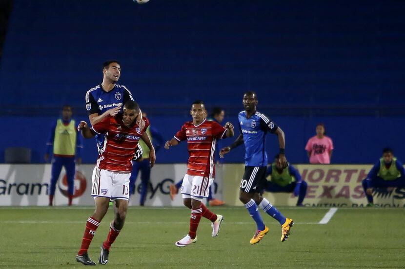 Earthquakes Andres Imperiale 32 tries to hit the ball over FC Dallas Tesho Akindele 13...