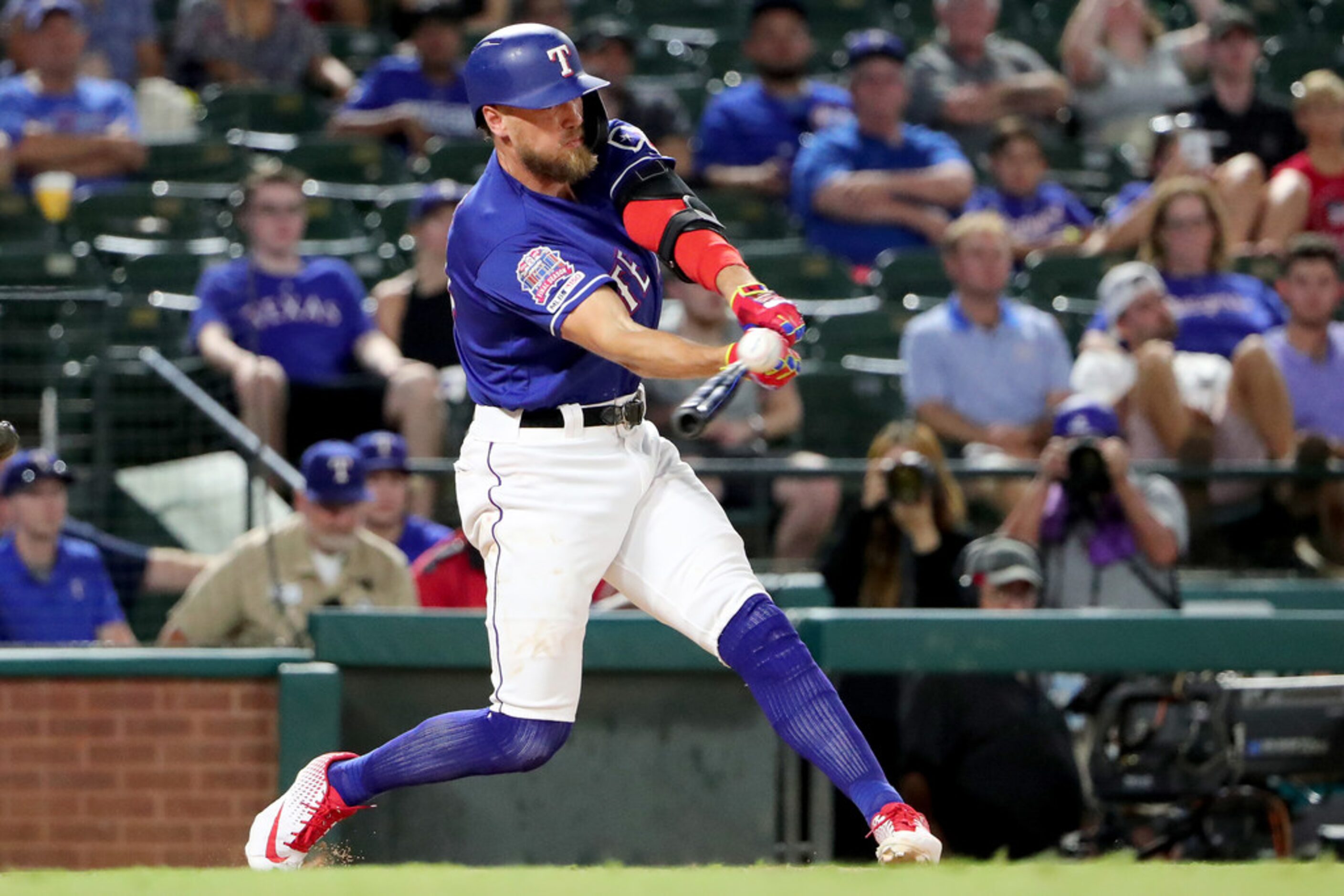 ARLINGTON, TEXAS - JULY 16: Hunter Pence #24 of the Texas Rangers at bat against the Arizona...