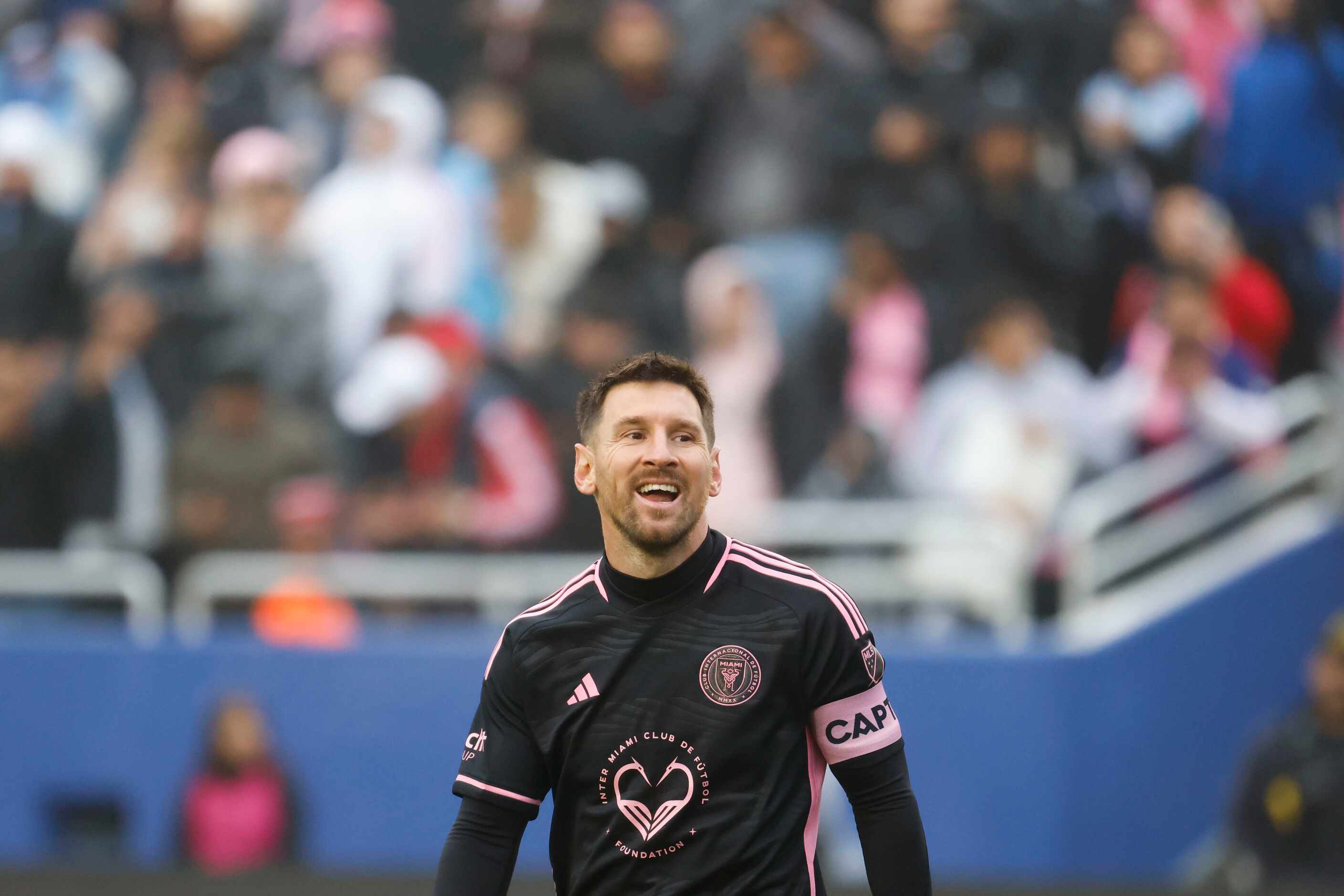 Inter Miami forward Lionel Messi reacts after missing to score a goal during the first half...