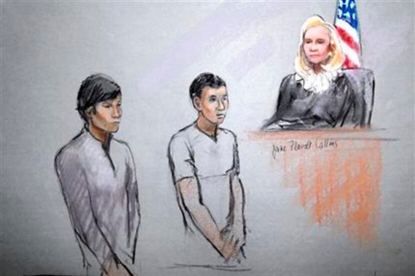 This courtroom sketch signed by artist Jane Flavell Collins shows defendants Dias...