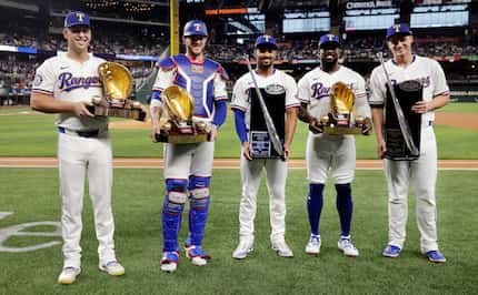 The Texas Rangers recipients of the 2023 A.L. Rawlings Gold Glove Awards and Louisville...