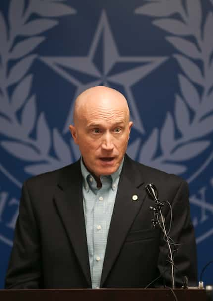 Scott Sawlis, Manager of Mosquito Control, speaks during a press conference at Dallas County...