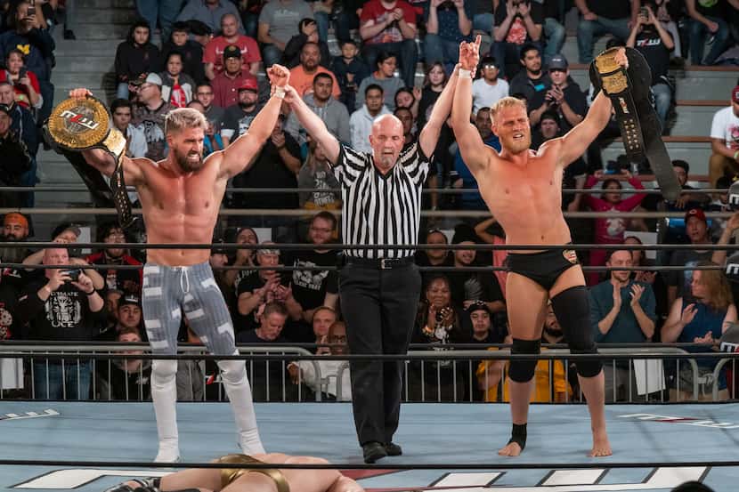 Ross and Marshall Von Erich get their hands raised after winning the MLW World Tag Team...